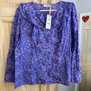 Vineyard Vines Purple Floral Button-Down Ruffle Blouse